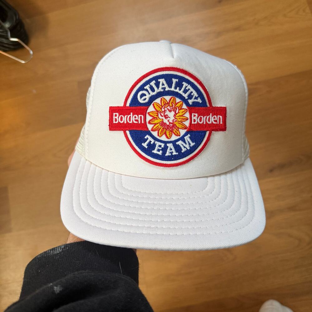 Vintage 90's Sportcap White Borden Dairy Quality Team Trucker Snapback Hat Cap